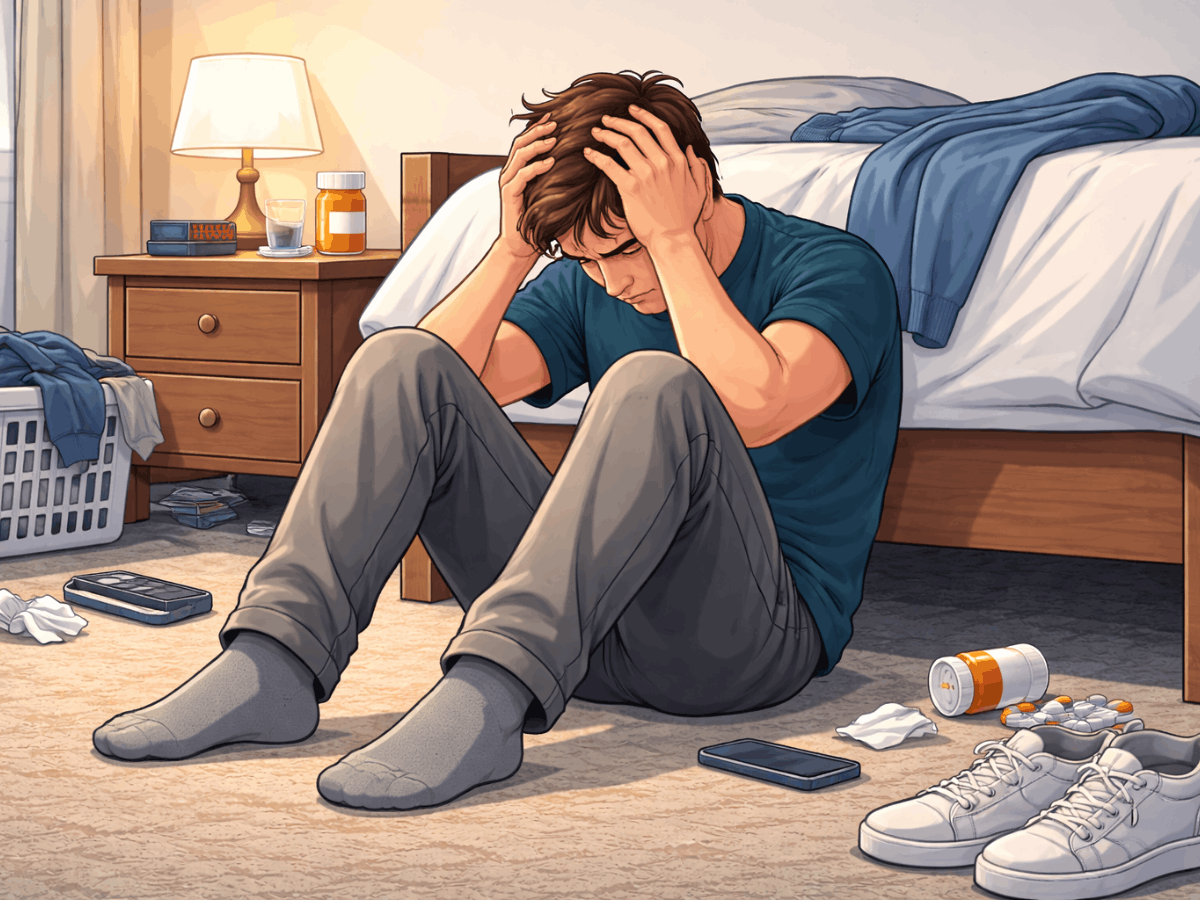 Illustration of a person sitting on the bedroom floor holding their head, representing severe depression and emotional distress that can persist despite medication, leading some patients to explore transcranial magnetic stimulation (TMS) therapy