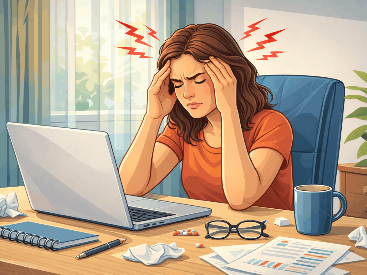 Illustration of a person experiencing a headache while working at a desk, representing stress, cognitive strain, and persistent symptoms that can interfere with daily functioning and lead some individuals to explore transcranial magnetic stimulation (TMS) therapy