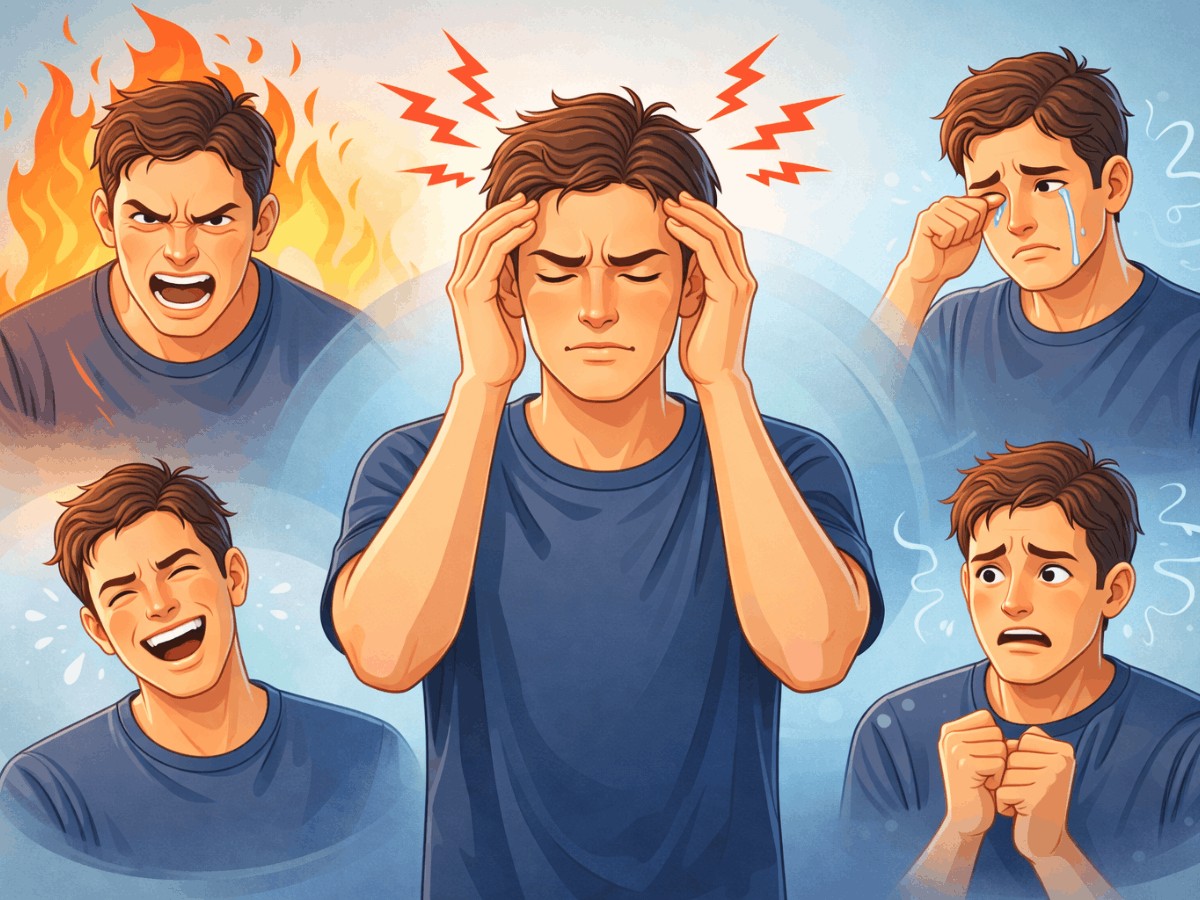 Illustration showing a range of emotional states such as anxiety, irritability, sadness, and emotional overwhelm, representing mood symptoms that may lead individuals to explore transcranial magnetic stimulation (TMS) therapy