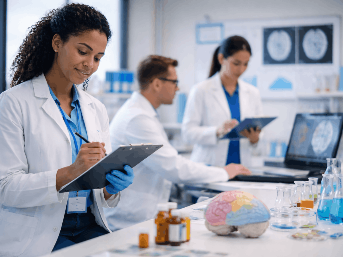 Medical researchers reviewing data in a neuroscience laboratory, representing ongoing clinical research into brain function and treatment approaches for bipolar depression