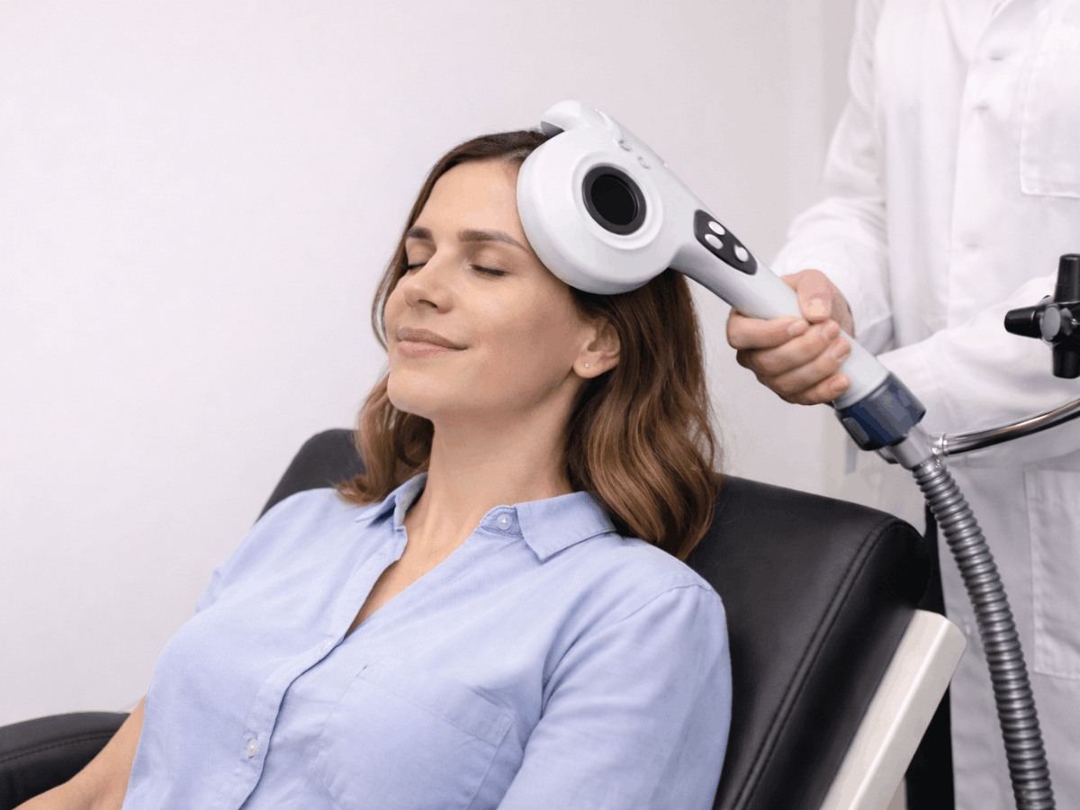 Patient receiving transcranial magnetic stimulation (TMS) therapy as a clinician positions the magnetic coil on the scalp during a supervised treatment session