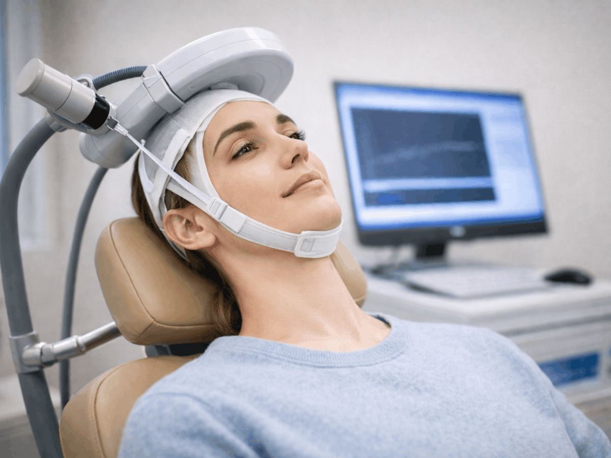 Adult woman undergoing transcranial magnetic stimulation (TMS) treatment in a clinical setting, seated comfortably with a magnetic coil positioned over her scalp during a noninvasive depression therapy session.
