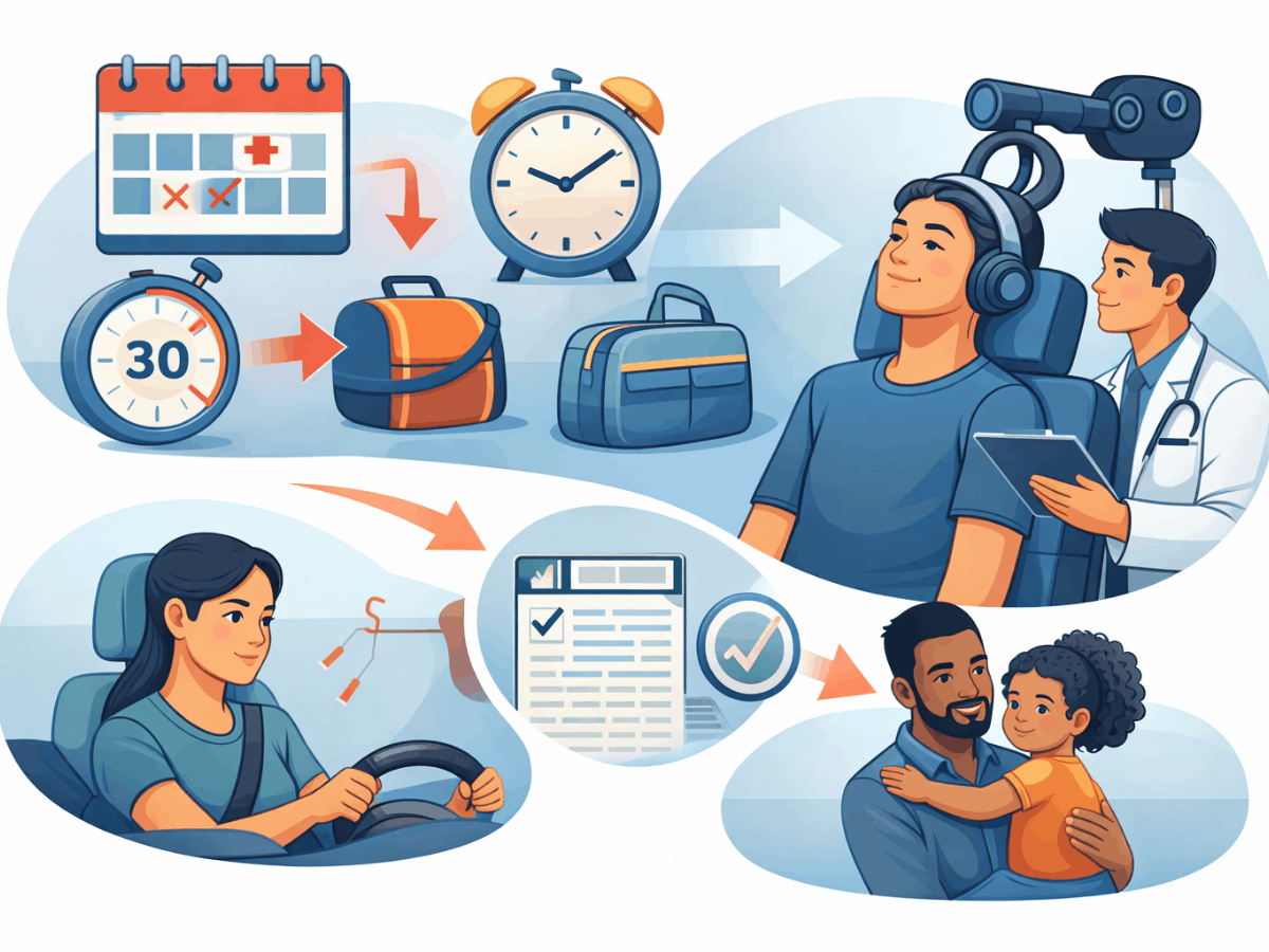 Vector illustration showing the transcranial magnetic stimulation (TMS) treatment process, including a 30-minute session, daily scheduling over several weeks, clinician monitoring, and patients returning to normal activities like driving and family life.