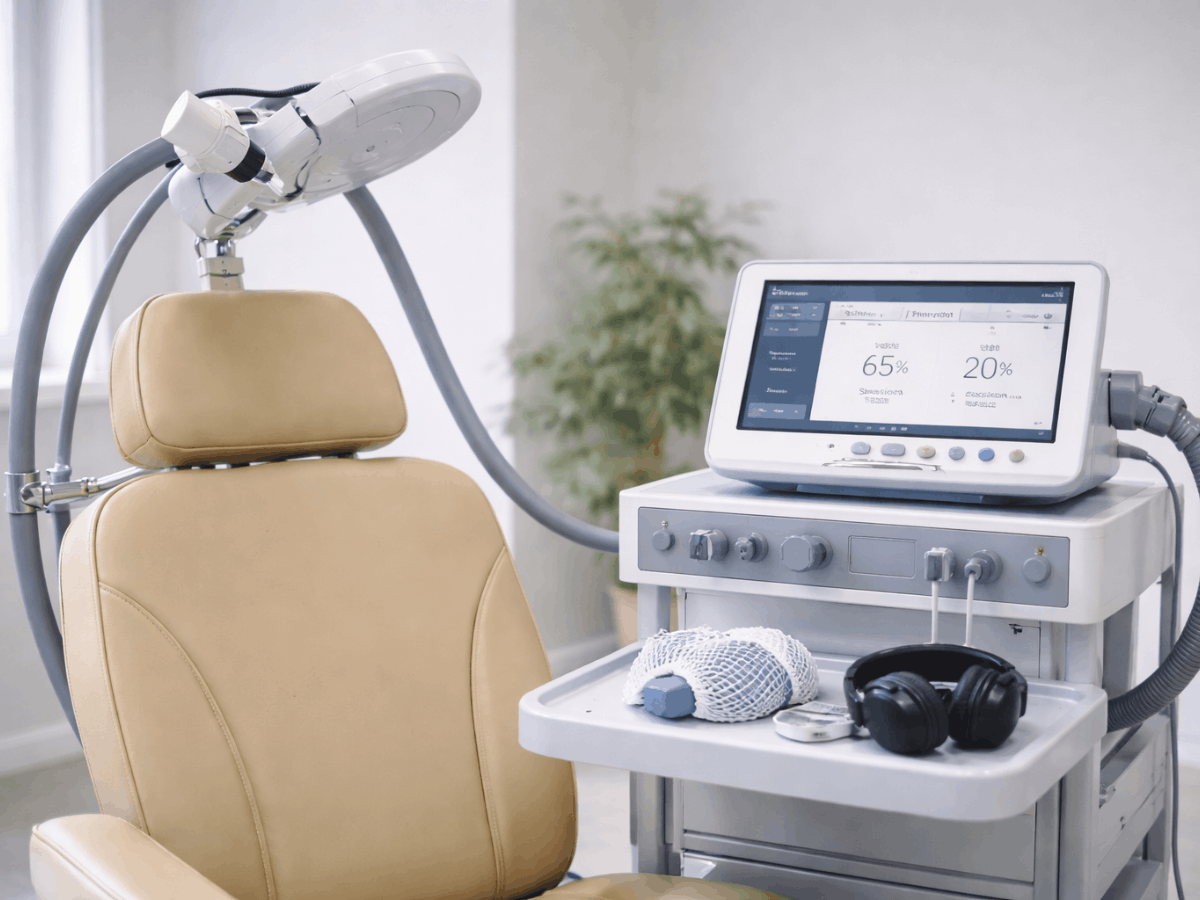 Transcranial magnetic stimulation (TMS) treatment chair and medical device with monitoring screen, magnetic coil, and patient accessories prepared in a modern outpatient mental health clinic.