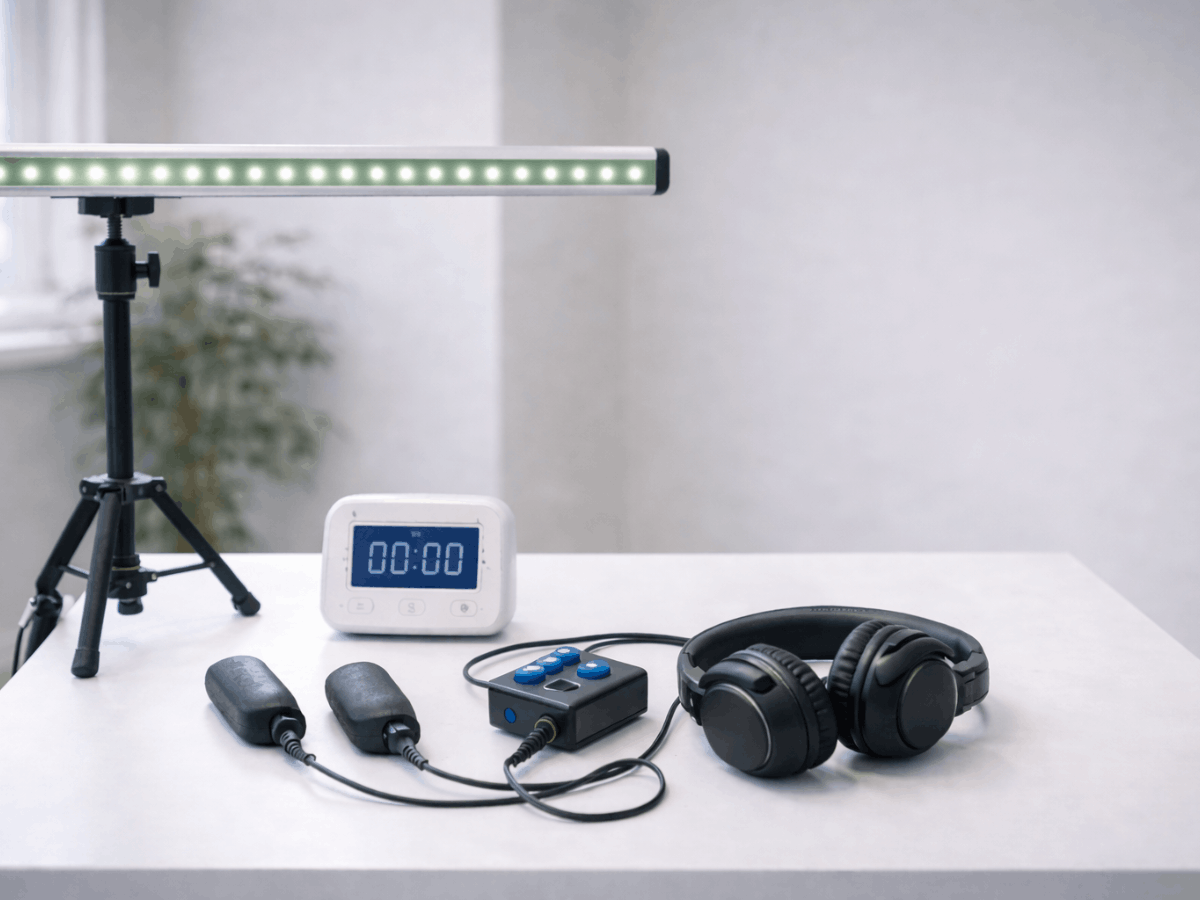 Transcranial magnetic stimulation (TMS) treatment accessories including protective headphones, session timer, handheld safety device, and clinical monitoring equipment prepared in a mental health clinic setting.