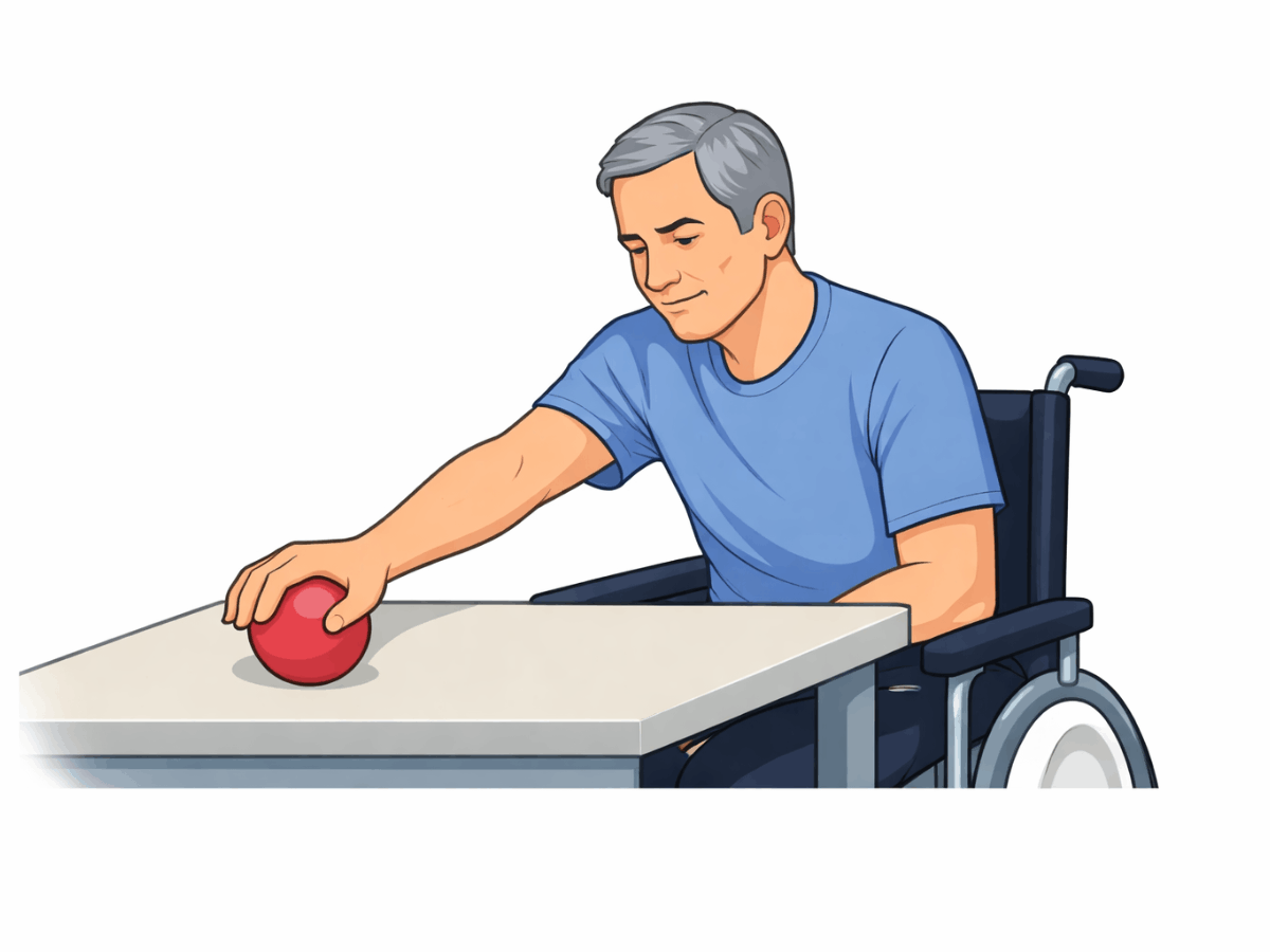 Older adult male practicing upper limb motor rehabilitation by reaching for a ball while seated in a wheelchair, representing post-stroke arm and hand recovery therapy.