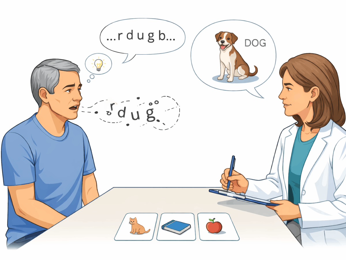 older adult male with expressive aphasia struggling to form words during a speech-language evaluation, while a clinician uses picture cards to assess communication and word retrieval.
