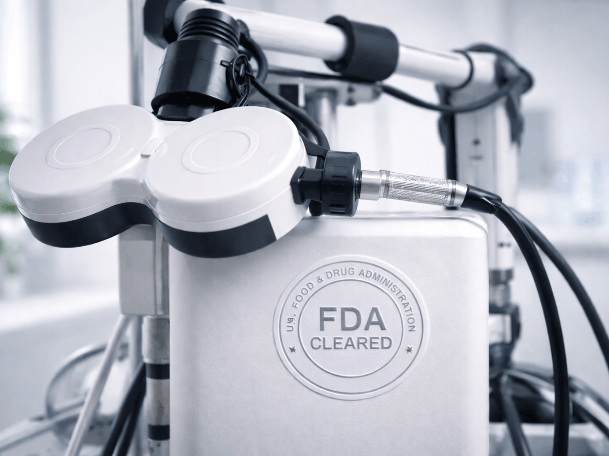 Close-up of an FDA-cleared transcranial magnetic stimulation (TMS) device and magnetic coil in a clinical setting, highlighting regulatory clearance for depression treatment.