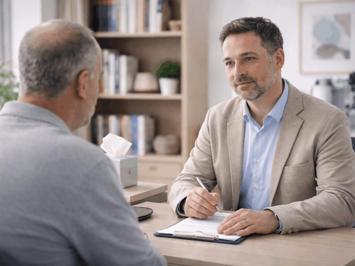 Licensed mental health clinician speaking with an older adult male during an in-office consultation, reviewing assessment notes and discussing personalized treatment options.