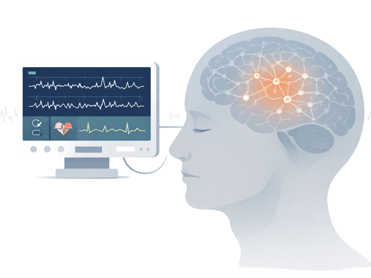 Medical illustration of a human brain with highlighted neural networks and a monitoring screen displaying brainwave activity, representing neuromodulation and transcranial magnetic stimulation (TMS) effects on targeted brain regions.