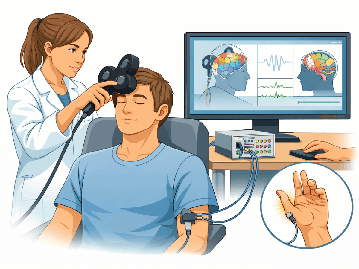 TMS therapy procedure with magnetic coil on patient’s head and brain activity visualization for depression treatment