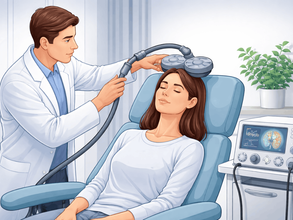 Patient receiving transcranial magnetic stimulation (TMS) therapy while a clinician positions the magnetic coil on the head in a clinical setting