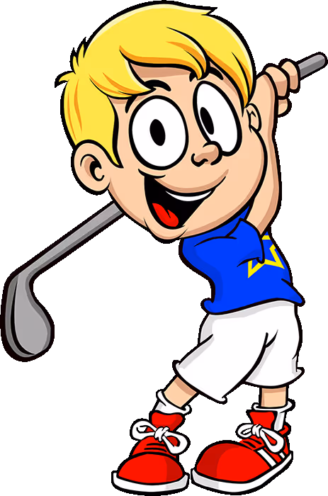 Cartoon boy with blonde hair in a blue shirt and white shorts swinging a golf club.