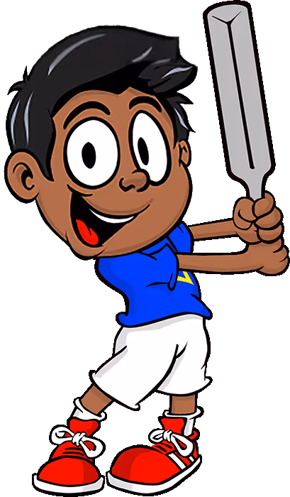 Cartoon of a smiling boy with black hair wearing a blue shirt, white shorts, and red sneakers holding a cricket bat ready to swing.