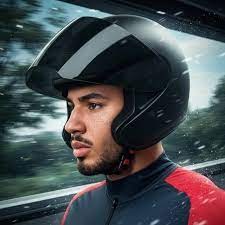 Young man wearing a black full-face helmet and a black and red jacket riding a motorcycle in rainy weather.