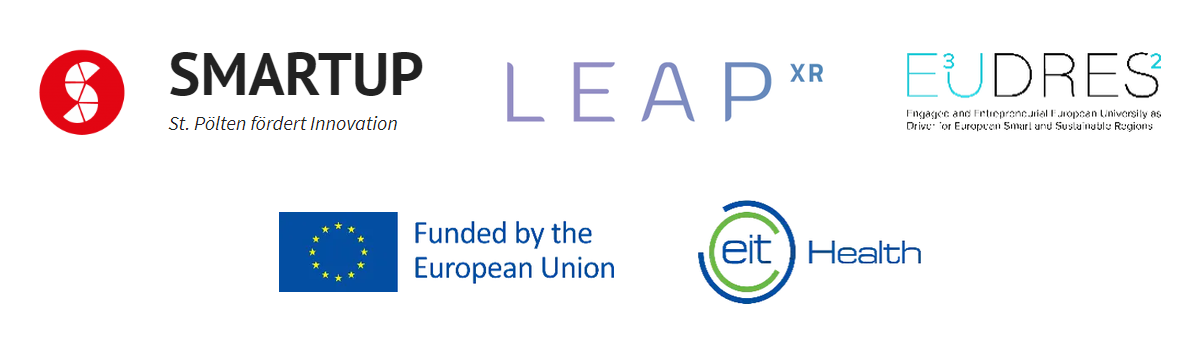Logos of SMARTUP St. Pölten, LEAPXR, E³UDRES², Funded by the European Union and EIT Health