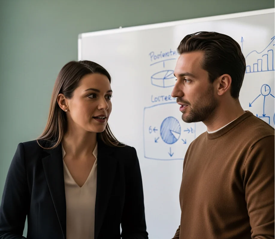A woman and a man engaged in conversation in front of a whiteboard with business charts and diagrams.