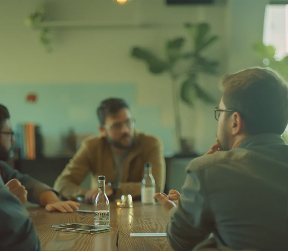 A woman and a man engaged in conversation in front of a whiteboard with business charts and diagrams.