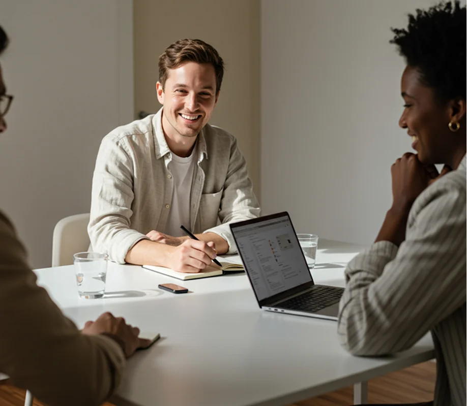 A woman and a man engaged in conversation in front of a whiteboard with business charts and diagrams.