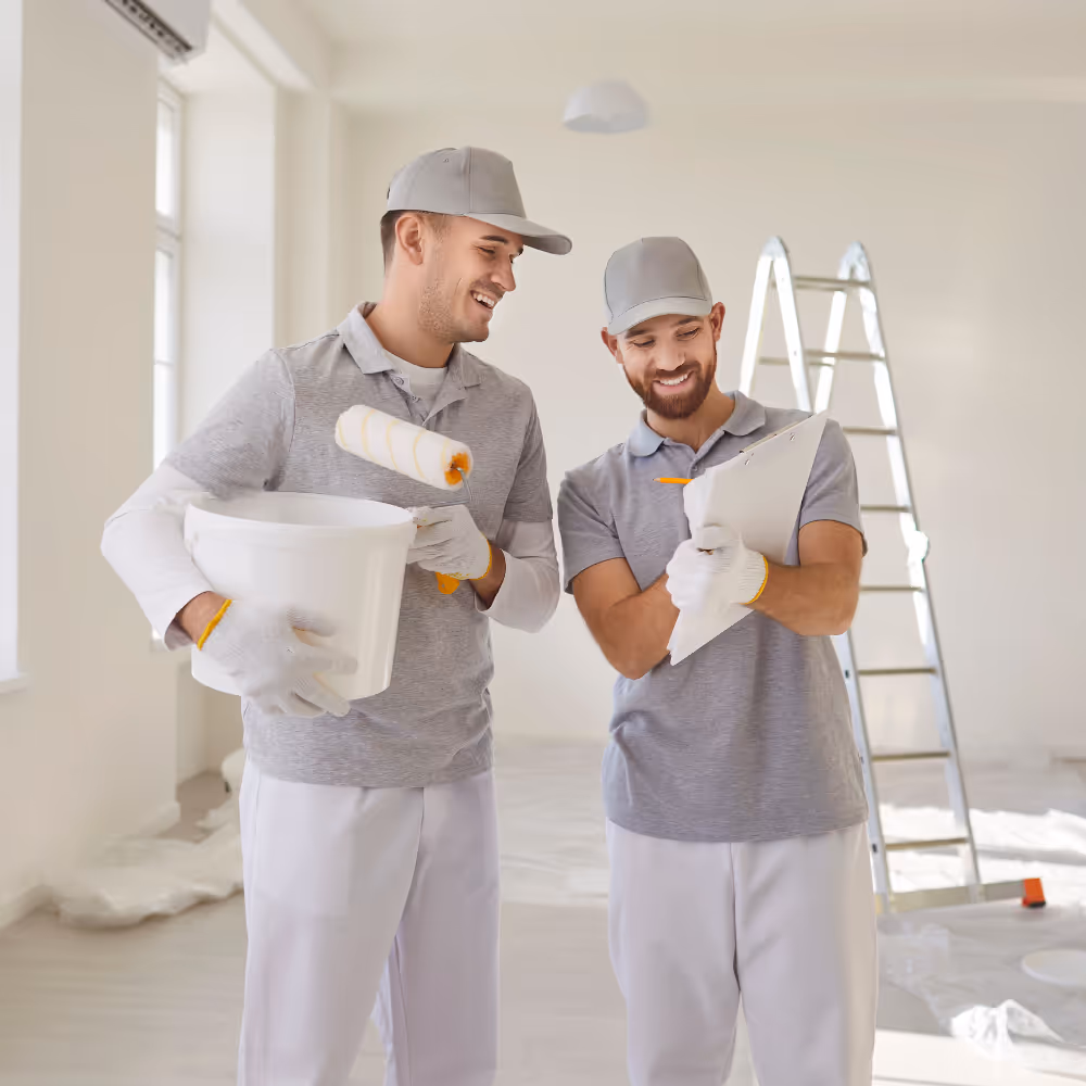 Zwei Handwerker in grauen Hemden und weißen Hosen besprechen Pläne in einem hellen Raum mit einer Leiter im Hintergrund.