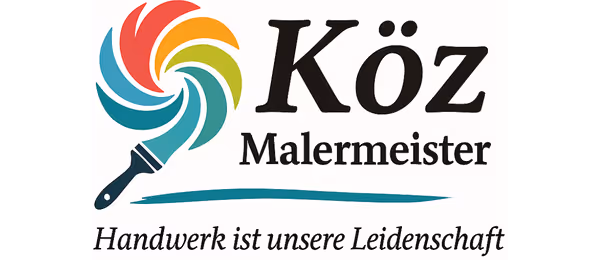 Bunter Malerpinsel neben dem Schriftzug 'Köz Malermeister' mit dem Slogan 'Handwerk ist unsere Leidenschaft'.