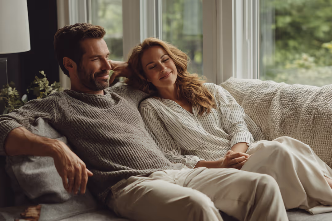 Smiling couple relaxing closely on a cozy couch by a window with greenery outside.