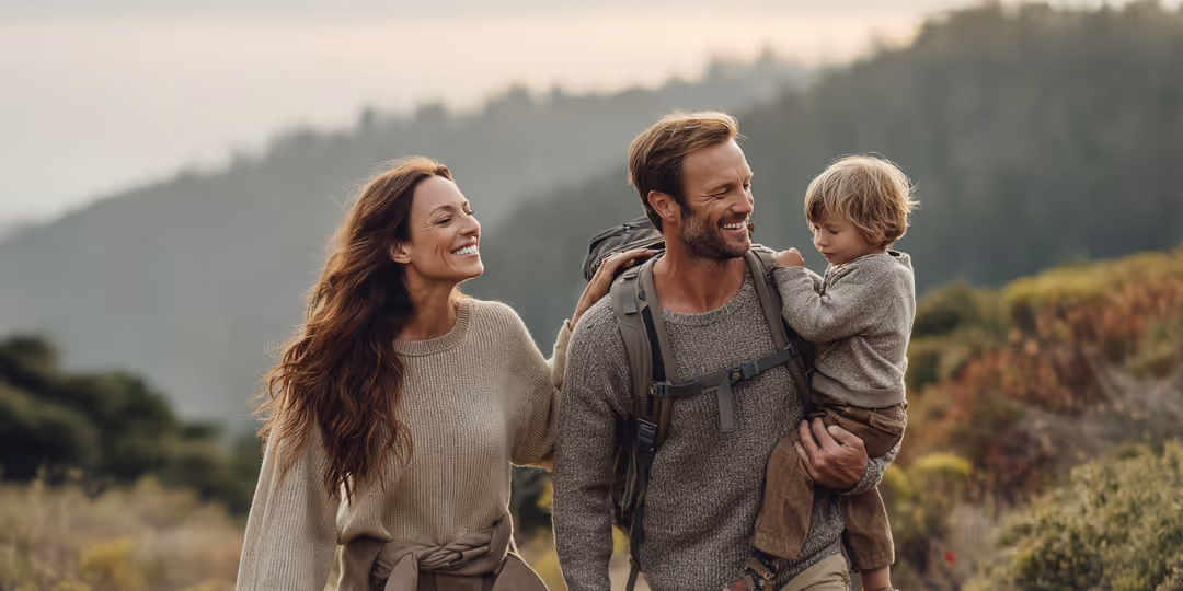 Smiling family hiking outdoors with mountains and trees in the background.