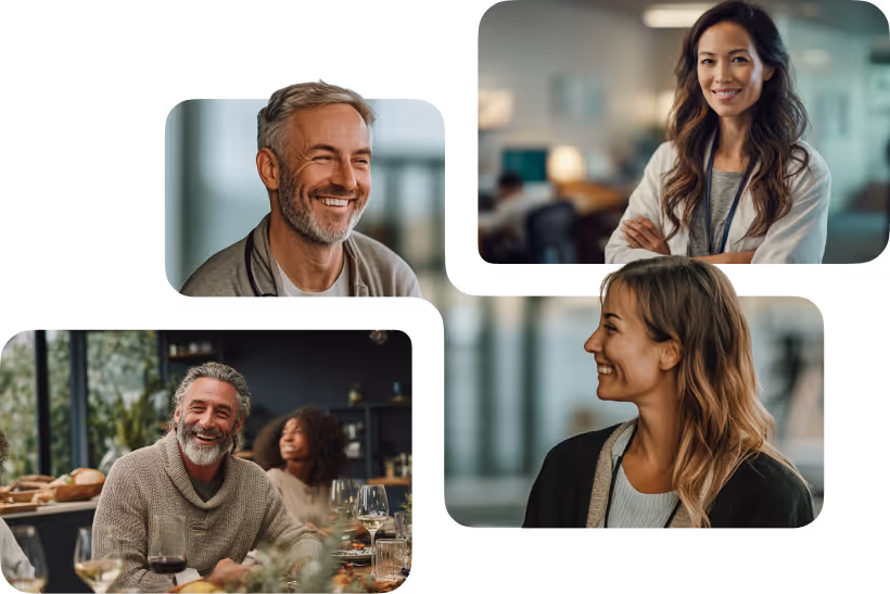 Collage of diverse adults smiling and enjoying social moments, including a bearded man, a couple on a couch, a man at a dinner table, and a woman in profile.
