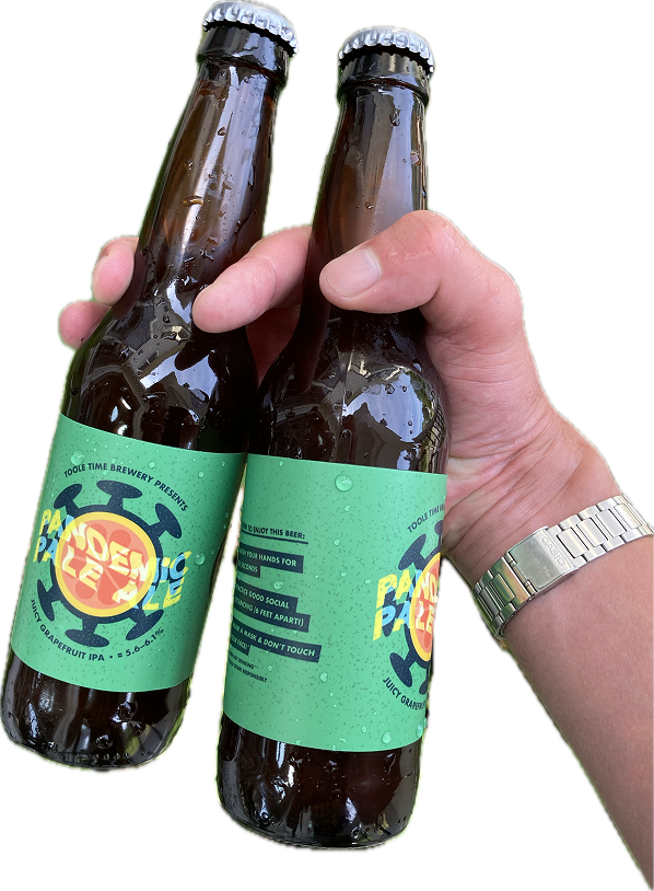 Hand holding two cold beers with the label "Pandemic Pale Ale" made out of an illustration of a germ and a grapefruit slice