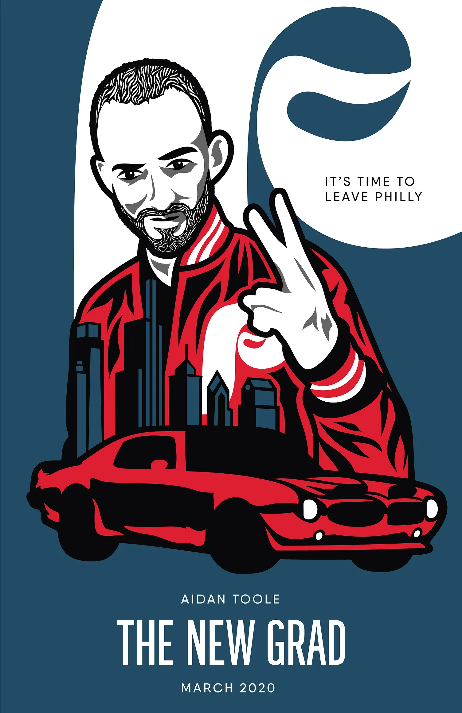 Self portrait illustration of Aidan atop the Philadelphia skyline and a muscle car