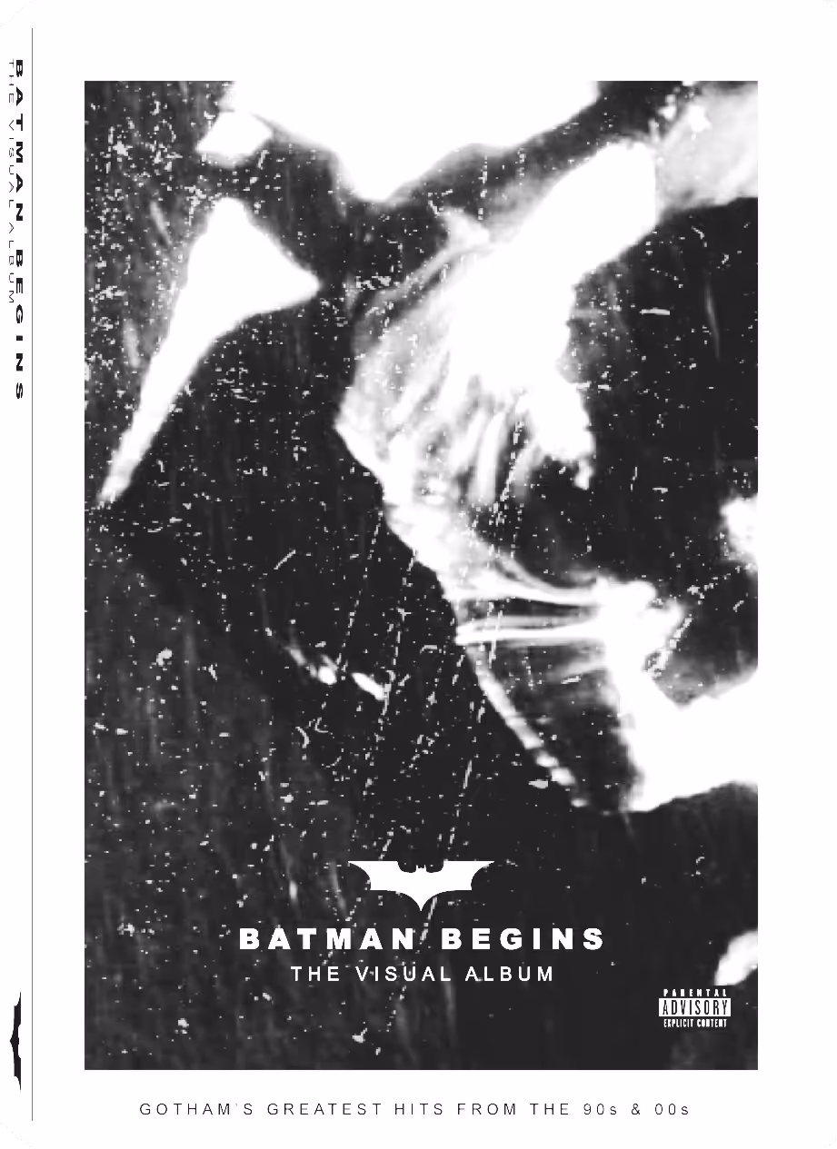 DVD cover of Batman jumping out of a window with the title "Batman Begins: The Visual Album" beneath
