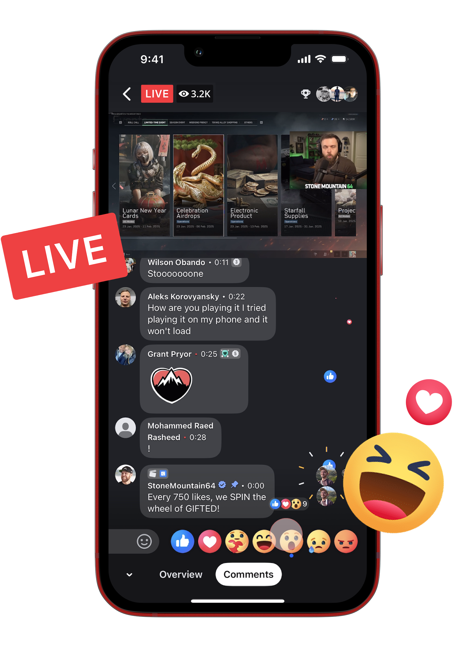 Facebook Live video player showing comments and reactions flying out of the phone