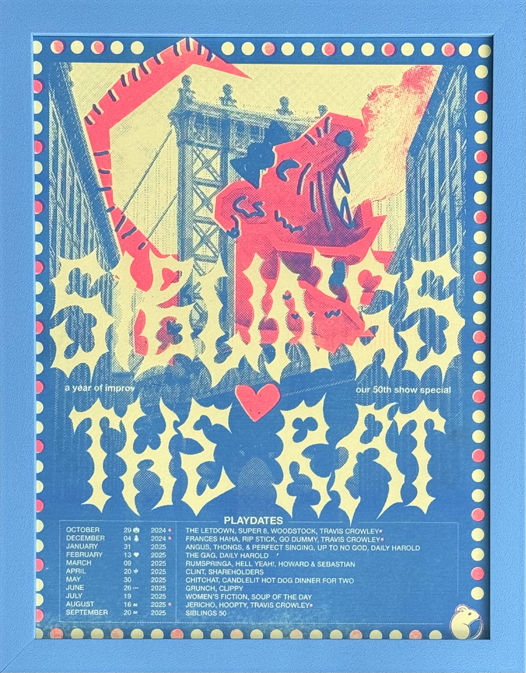 Framed poster showing an illustration of a gigantic pink rat breathing fire across the Manhattan Bridge
