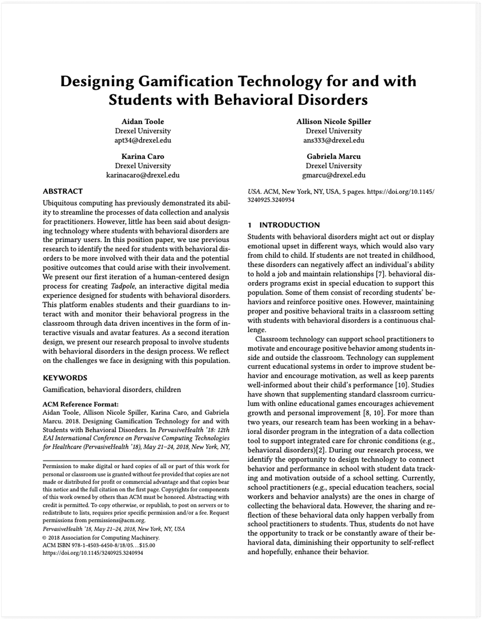 Paper displaying title and authors of Designing Gamification Technology for and with Students with Behavioral Disorders
