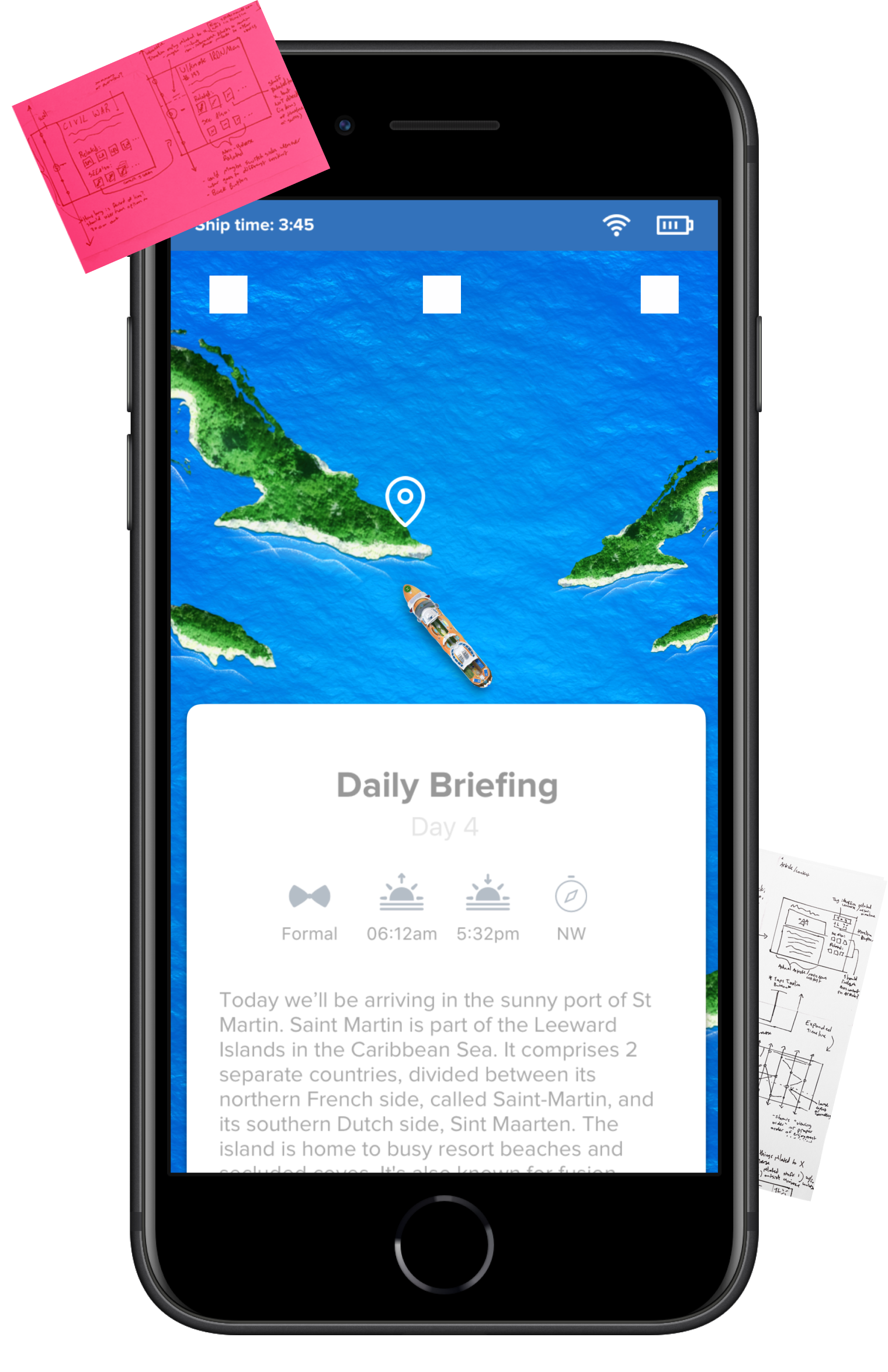 App showing map of ocean with cruise ship boat floating atop it, with UI showing upcoming events