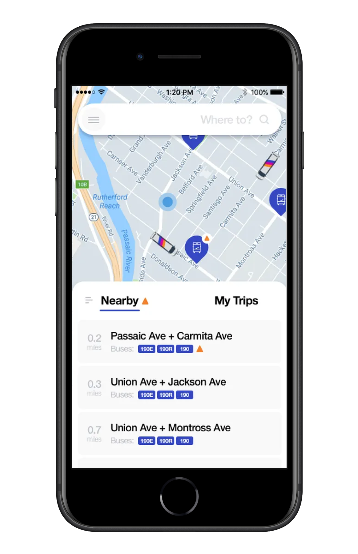 App showing map of nearby buses and transportation times