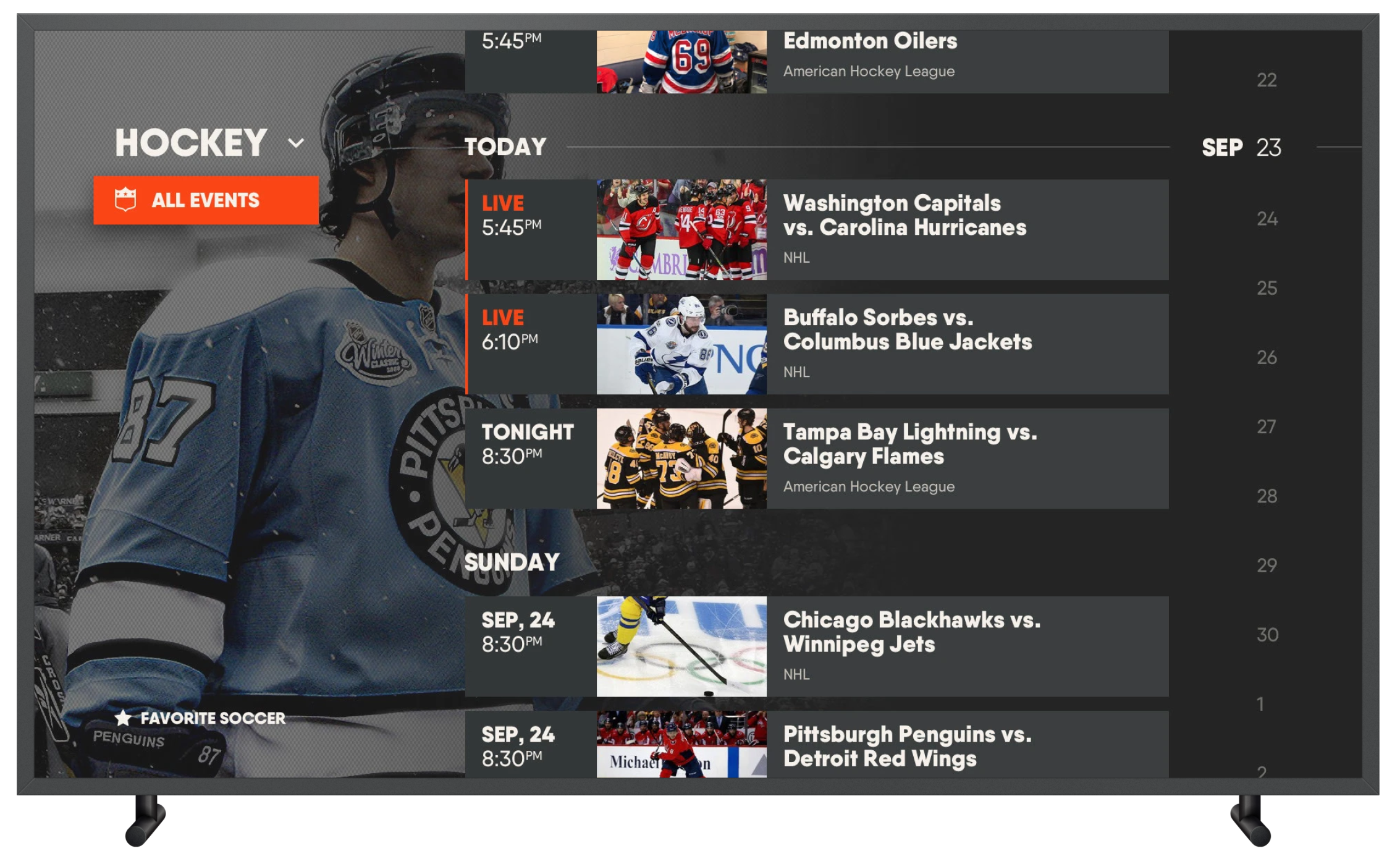 TV showing FuboTV app with guide open and a hockey game selected