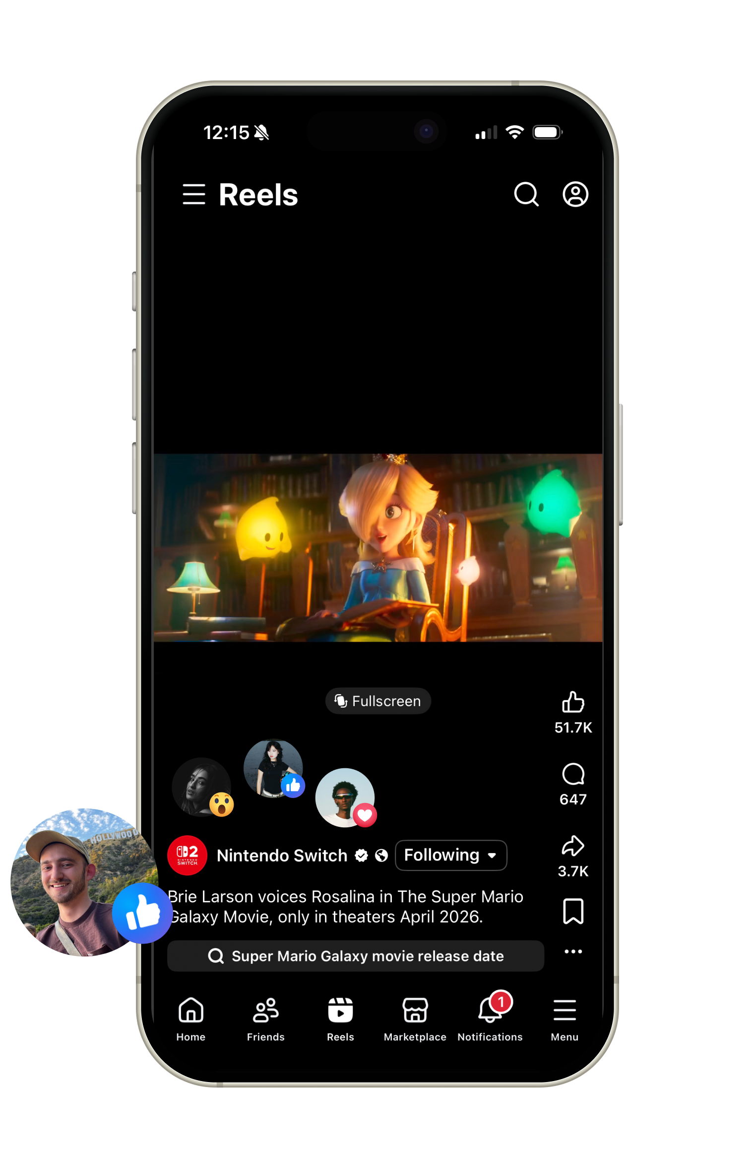 Facebook reels player showing bubbles of people who reacted to the reel.