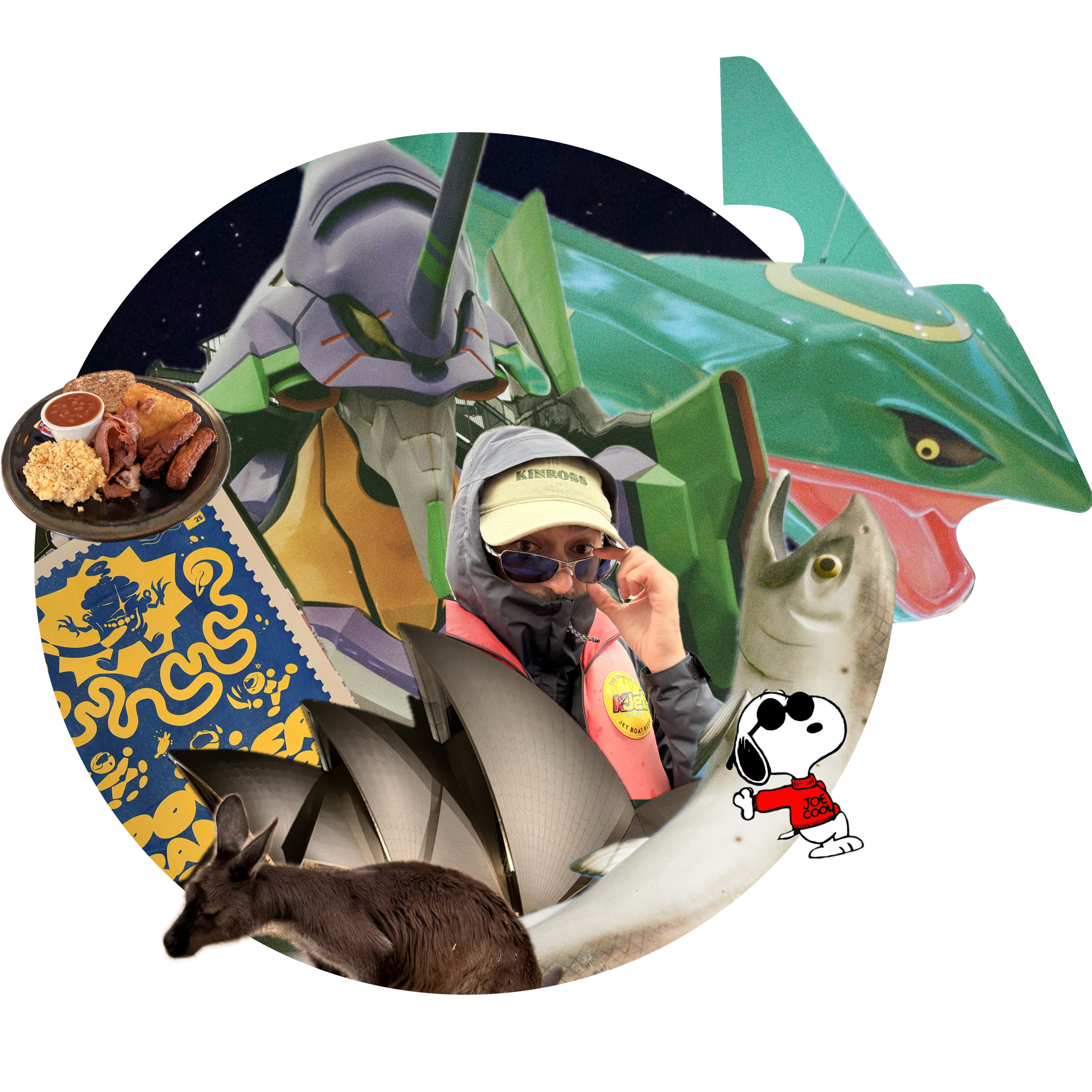 Collage of Aidan and various objects from the trip, including Pokemon, Evangelion robot, a fish, Snoopy, food and more