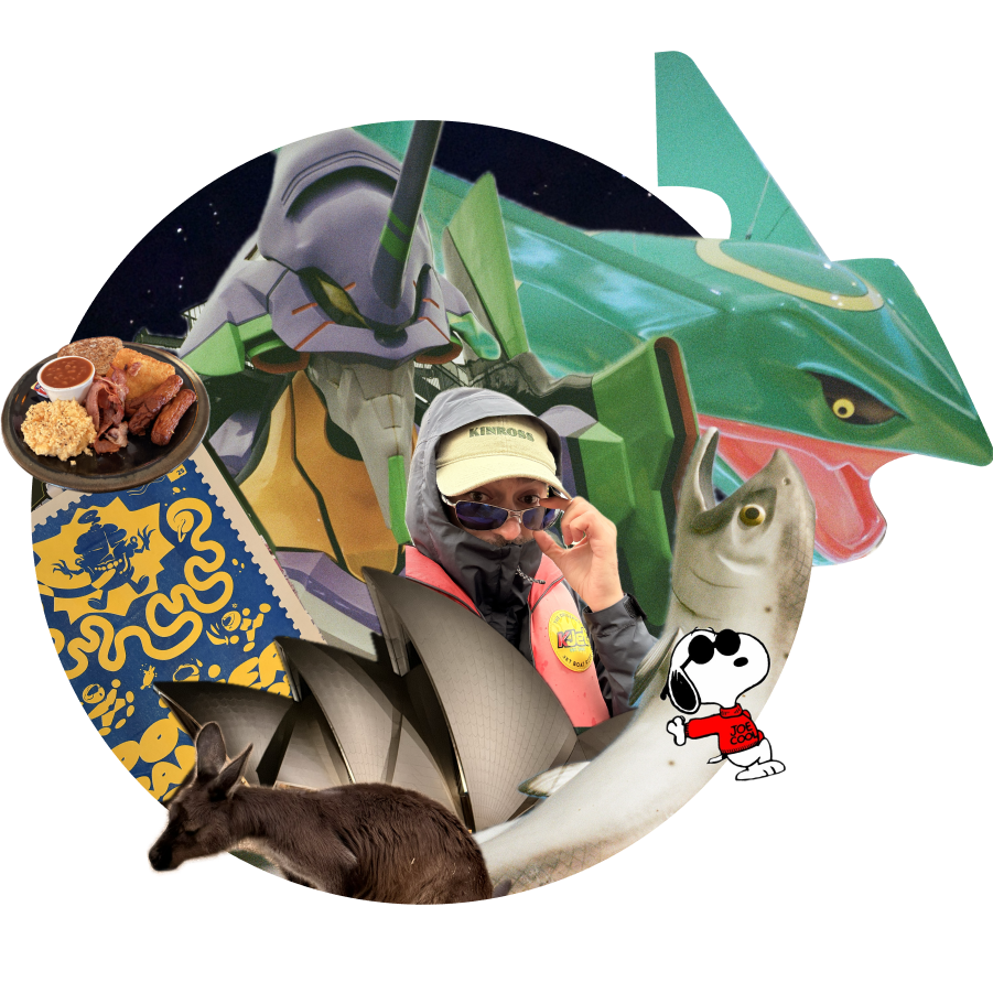 Collage of Aidan and various objects from the trip, including Pokemon, Evangelion robot, a fish, Snoopy, food and more