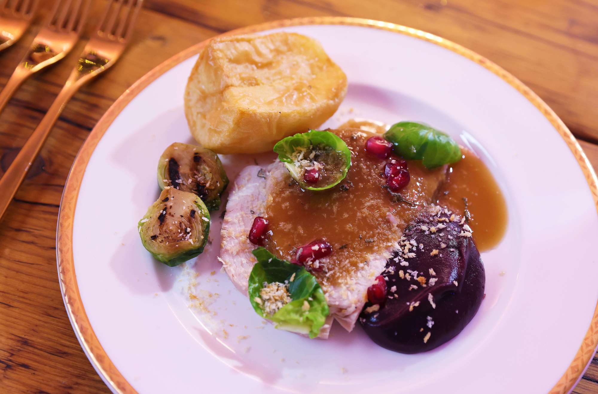 Christmas turkey roast by Jack Stein with sprouts, Yorkshire pudding, gravy and beetroot mash