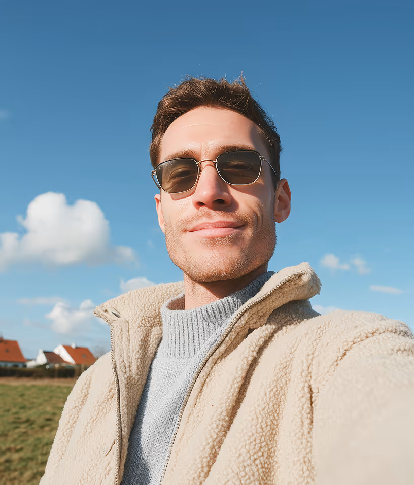 Man wearing sunglasses and a beige fleece jacket taking a selfie outdoors under a clear blue sky.
