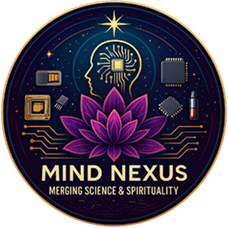 Logo featuring a human head silhouette with a microchip inside above a purple lotus flower, surrounded by circuitry and electronic components with the text 'Mind Nexus Merging Science & Spirituality'.