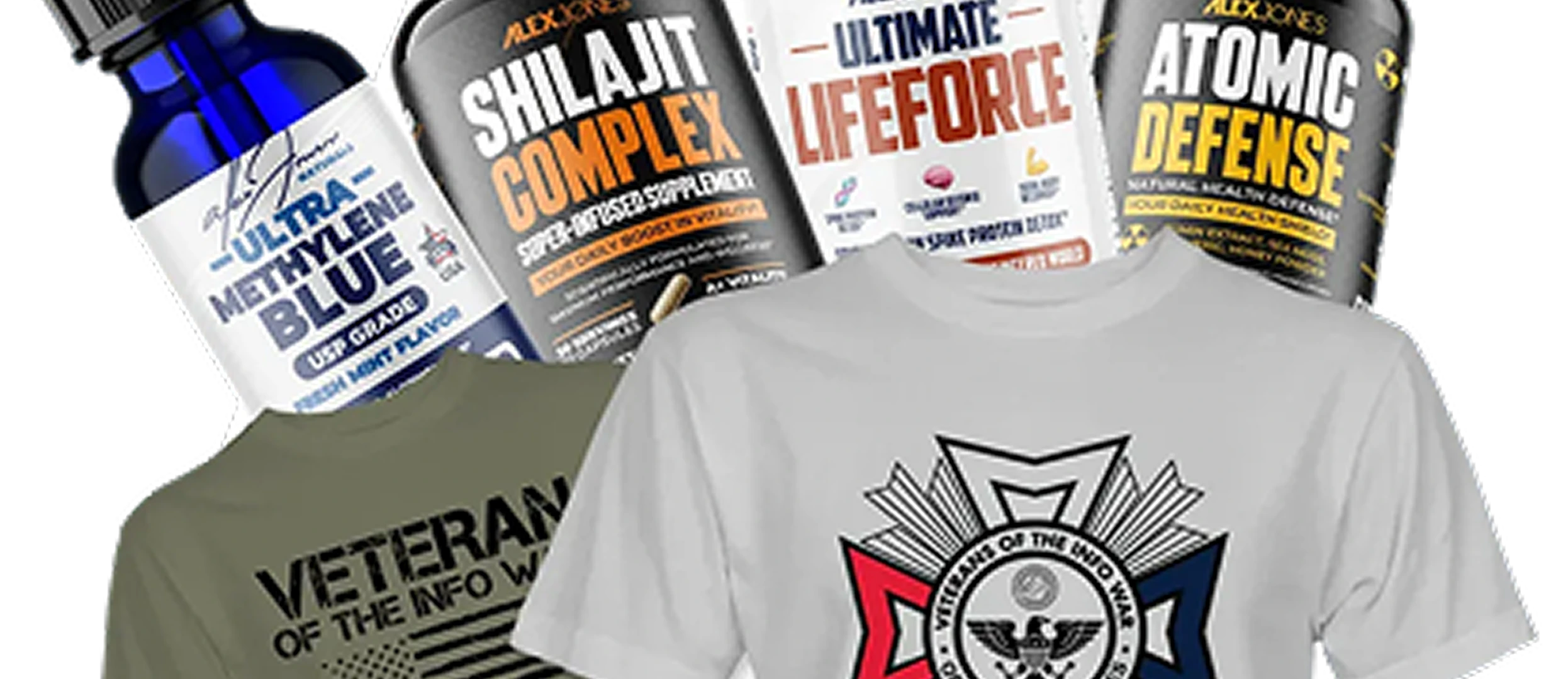 Four dietary supplement bottles labeled Ultra Methylene Blue, Shilajit Complex, Ultimate Lifeforce, and Atomic Defense behind two t-shirts that say Veteran of the Info War with a crest design.