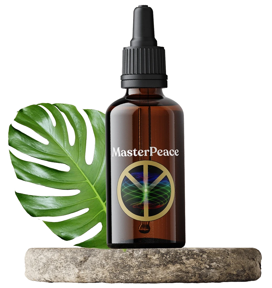 Amber dropper bottle labeled MasterPeace with a peace symbol and colorful design, placed on a stone base next to a large green leaf.