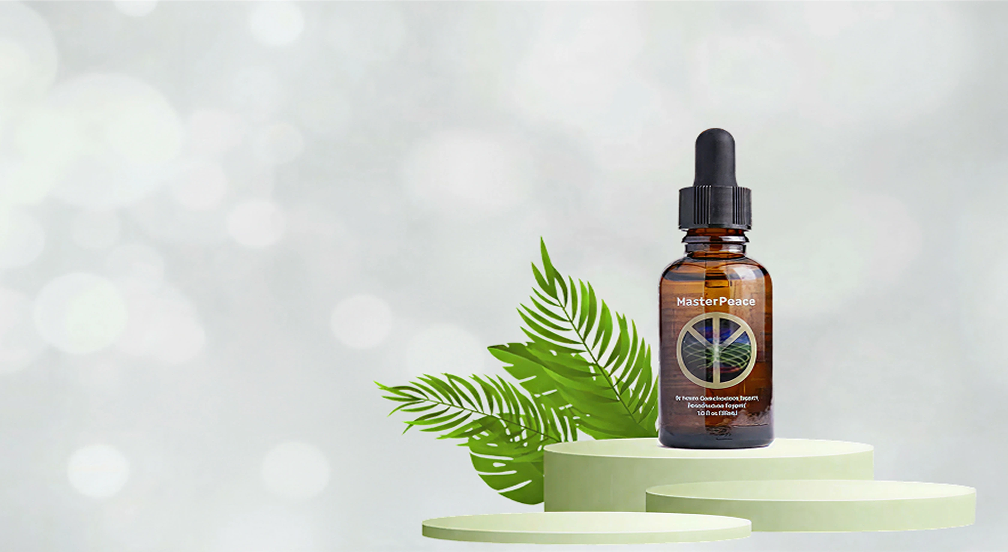 Brown dropper bottle labeled MasterPeace on light green podiums with green tropical leaves