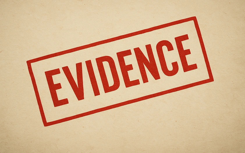 Red stamp with the word 'EVIDENCE' on beige textured paper.