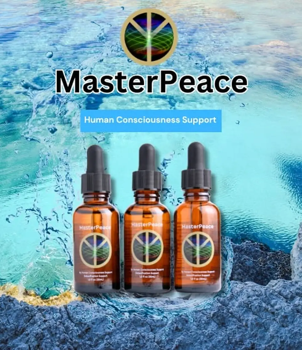 Three amber dropper bottles labeled MasterPeace with a peace-symbol logo, set on rocky surface with water splash background and text 'Human Consciousness Support'.