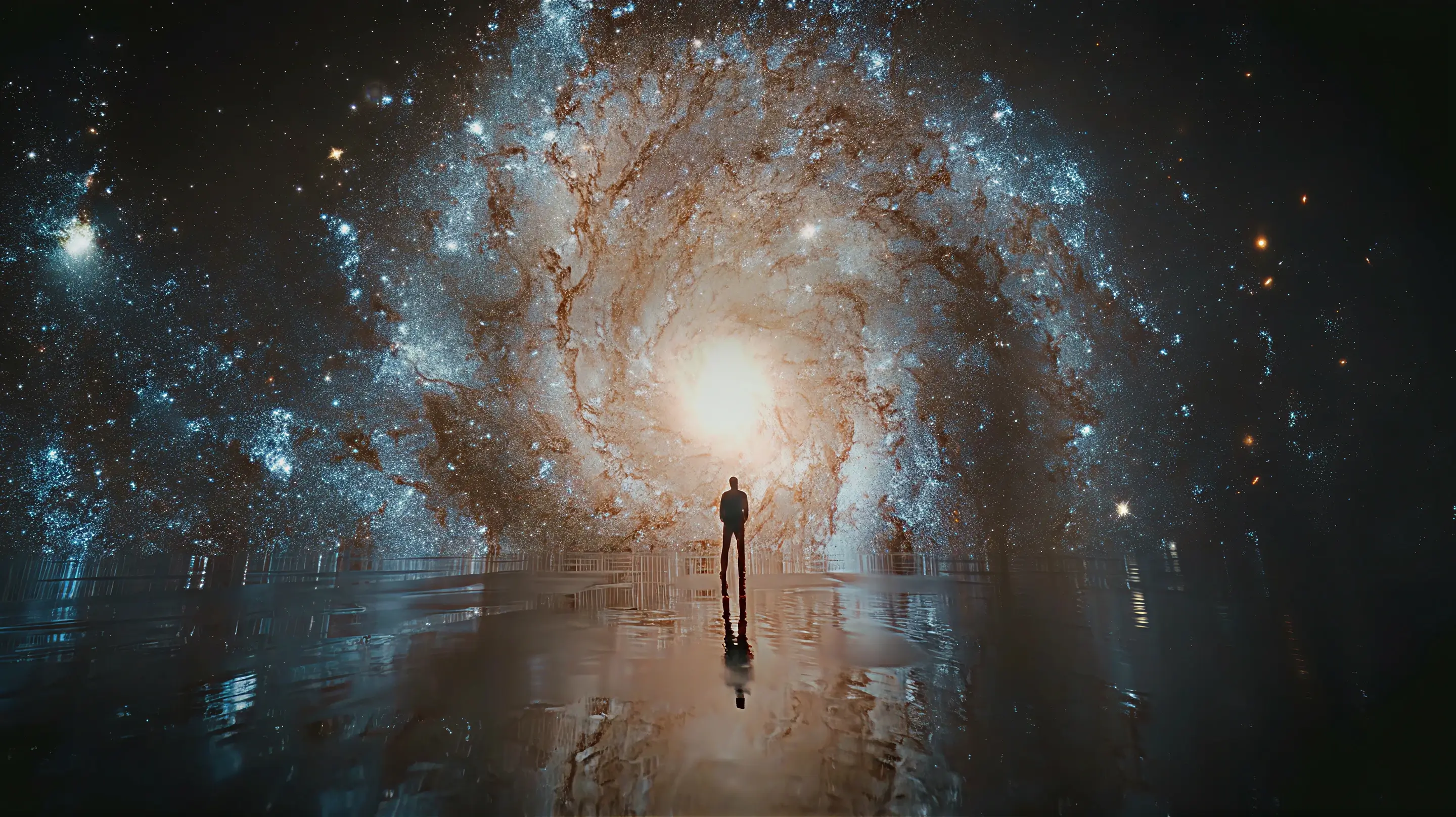 Silhouette of a person standing on a reflective surface facing a large, glowing spiral galaxy in space.