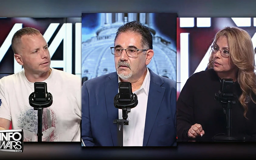 Mike, Jessie, and Desirey sitting in a studio and engaged in conversation, with an InfoWars logo in the bottom left corner.